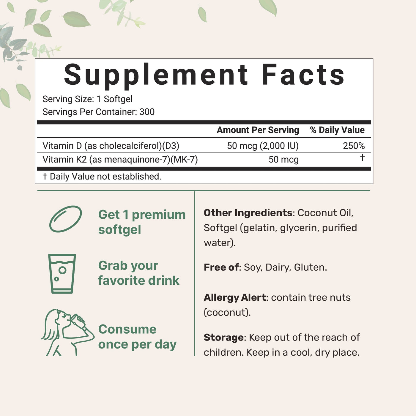 Micro Ingredients Vitamin D3 K2 5000IU /2000IU / 1000IU, Infused with Virgin Coconut Oil, 300 Softgels