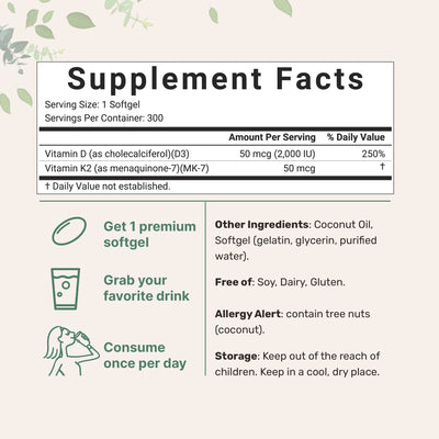 Micro Ingredients Vitamin D3 K2 5000IU /2000IU / 1000IU, Infused with Virgin Coconut Oil, 300 Softgels