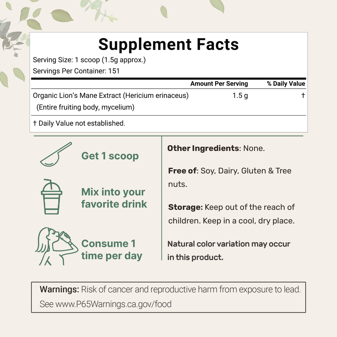 Micro Ingredients Organic Lions Mane Mushroom Supplement Powder