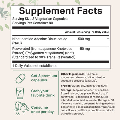 Micro Ingredients NAD+ Supplement 500mg with Resveratrol, 240 Veggie Capsules
